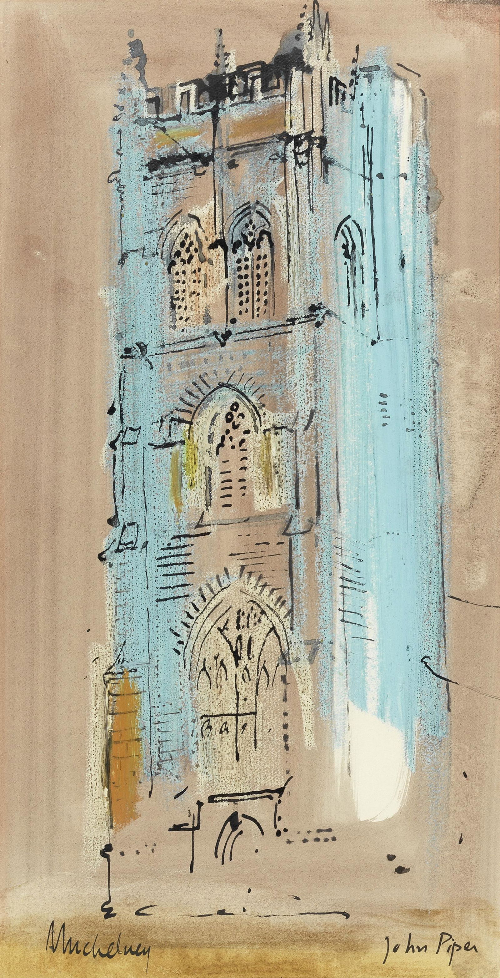 John Piper C.H. (British, 1903-1992) Muchelney: John Piper C.H. (British, 1903-1992) Muchelney signed 'John Piper' (lower right), titled 'Muchelney' (lower left) watercolour, gouache, pen and ink, chalk and pastel on paper 35 x 18cm (13 3/4 x 7 1/1