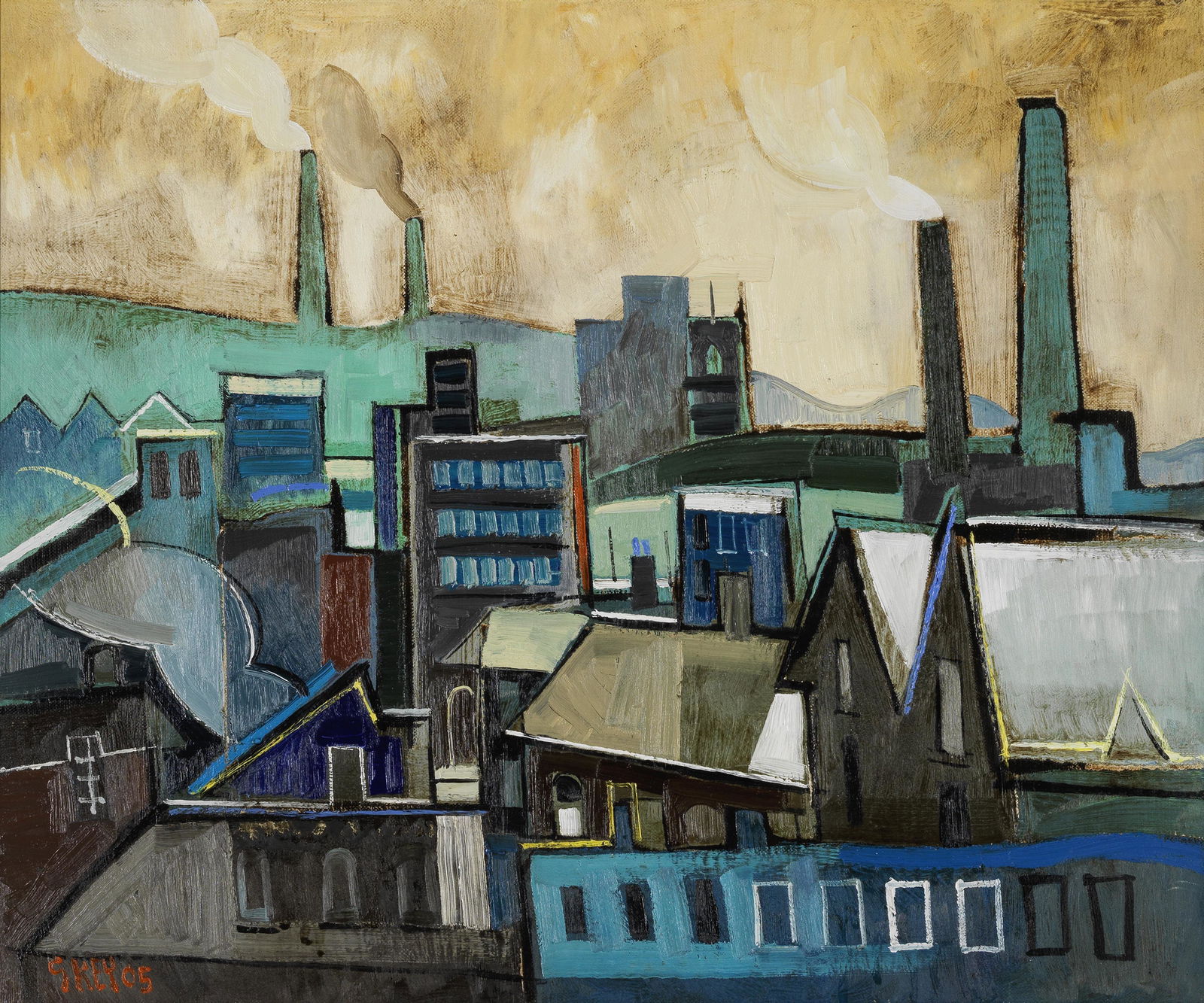 Geoffrey Key (British, born 1941) Morning Factories: Geoffrey Key (British, born 1941) Morning Factories signed and dated 'GKEY 05' (lower left); further signed, titled and dated 'MORNING/FACTORIES./GKEY 05' (on canvas verso), also signed, titled and da
