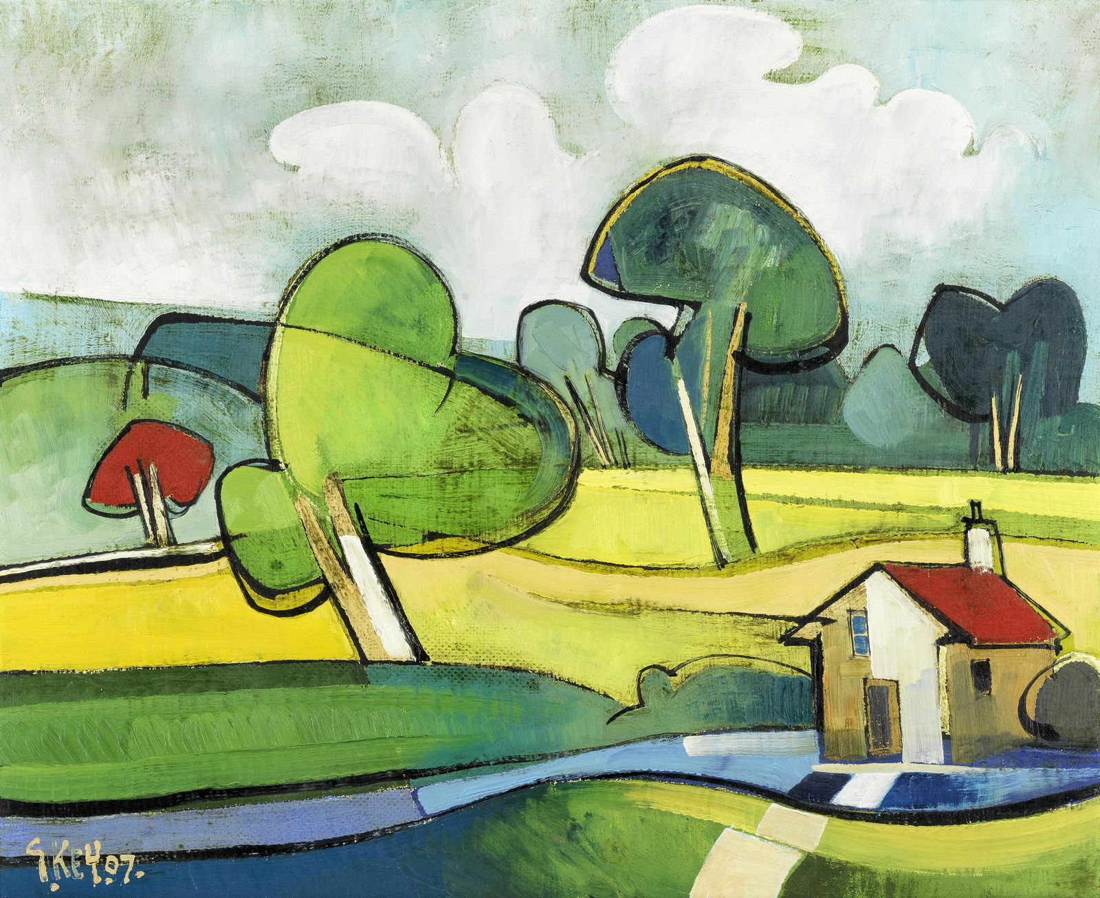 Geoffrey Key (British, born 1941) Yellow Fields: Geoffrey Key (British, born 1941) Yellow Fields signed and dated 'G.Key.07.' (lower left); further signed, titled and dated 'YELLOW FIELDS/GKey 07.' (on canvas verso), also signed, titled and dated 'Y