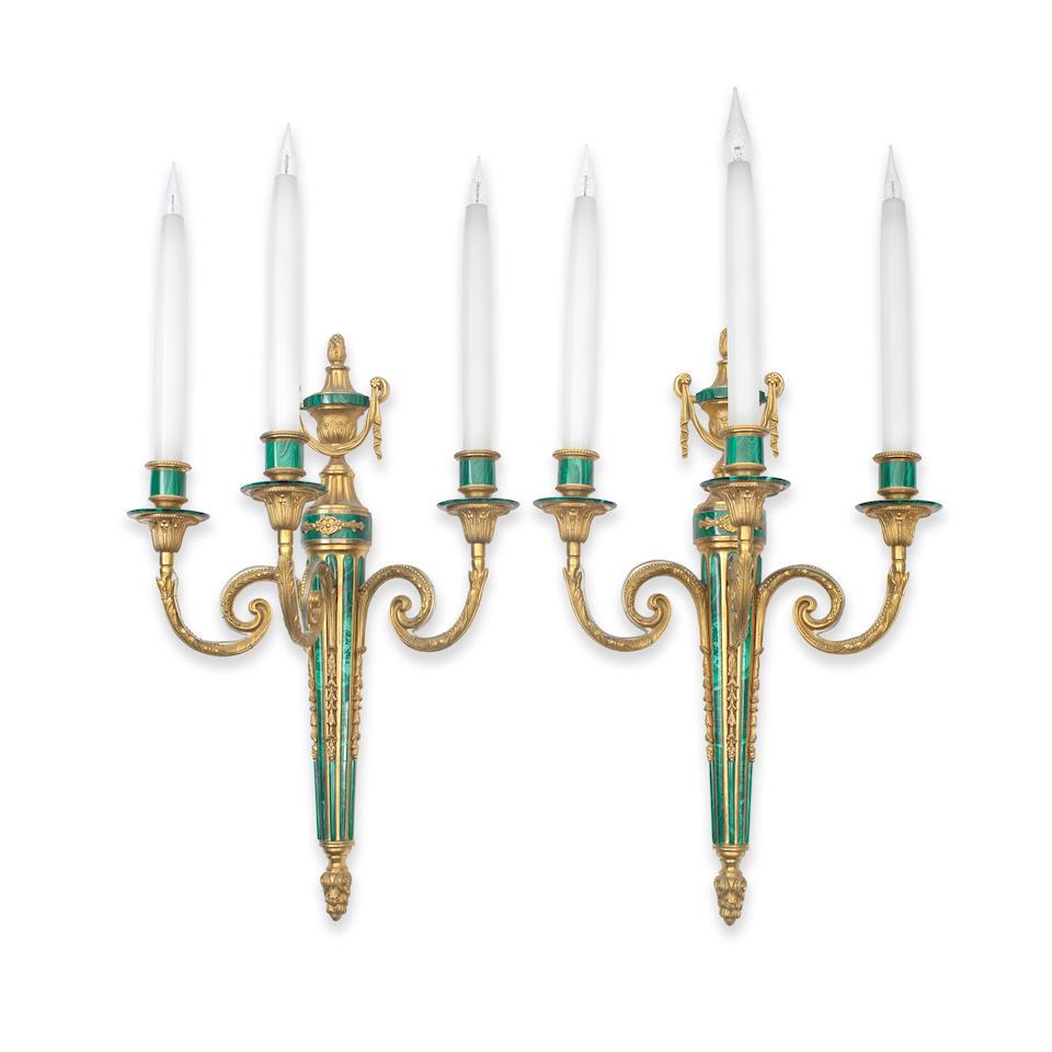 A pair of gilt bronze and malachite clad three-light wall appliques in the Louis XVI style, prob... (1 of 1)