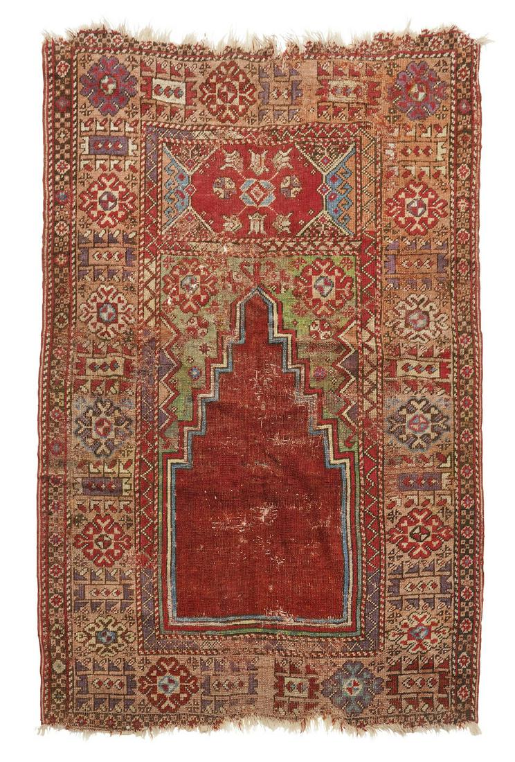 Central Anatolian Prayer Rug with Vivid Green and Purple Anatolia 3 ft. 9 in. x 5 ft. 2 in. (1 of 3)