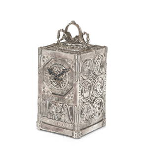 A rate late 19th century French nickel silver 'Angelus' carriage clock Designed by Lucien Faliz...: A rate late 19th century French nickel silver 'Angelus' carriage clock Designed by Lucien Falize. The movement numbered 7901 Surmounted by a handle of entwined dragons, over twelve titled circular pan