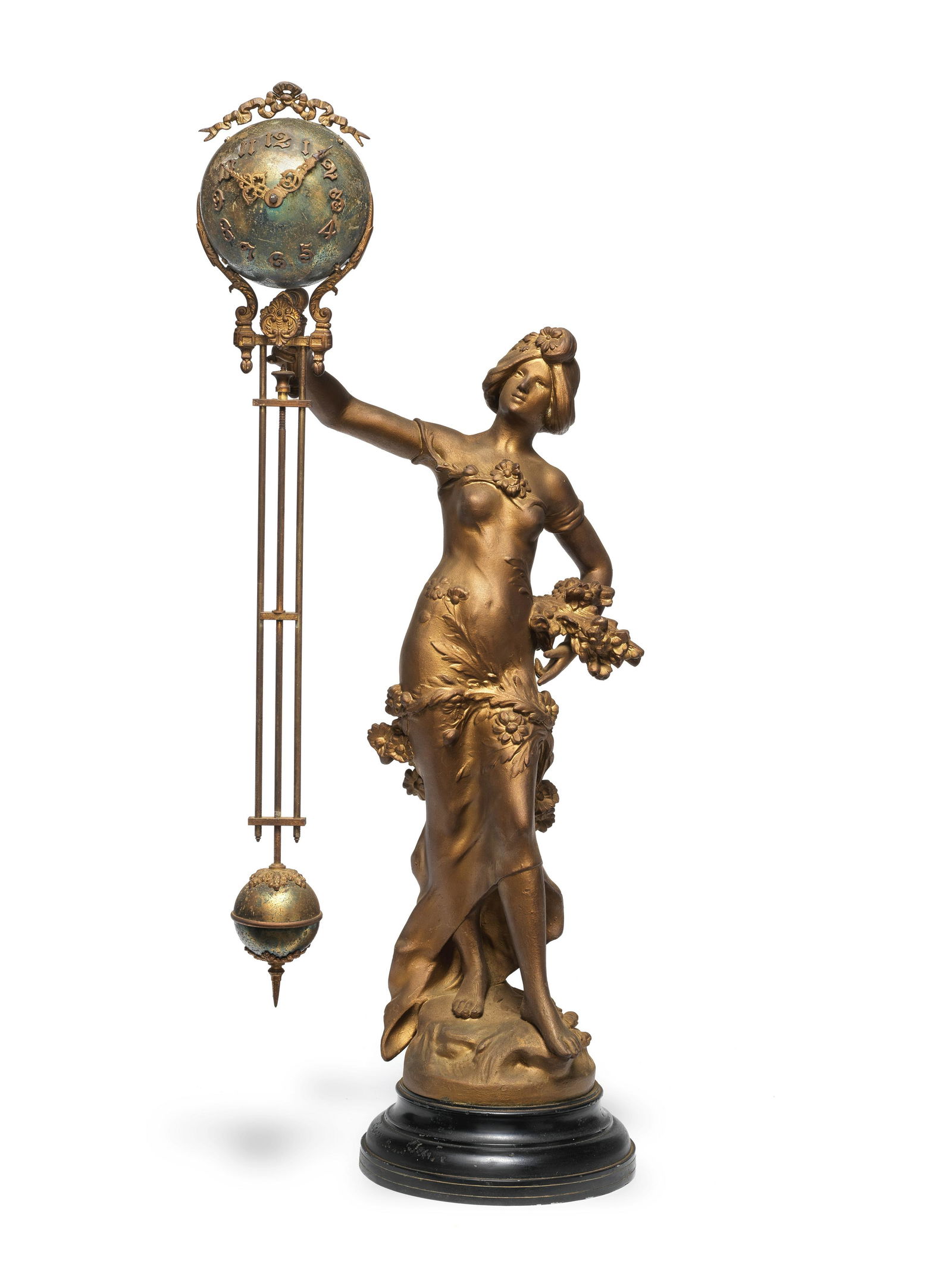 A 19th century American painted spelter mystery swinging timepiece Ansonia Clock Company, Arcadi... (1 of 1)