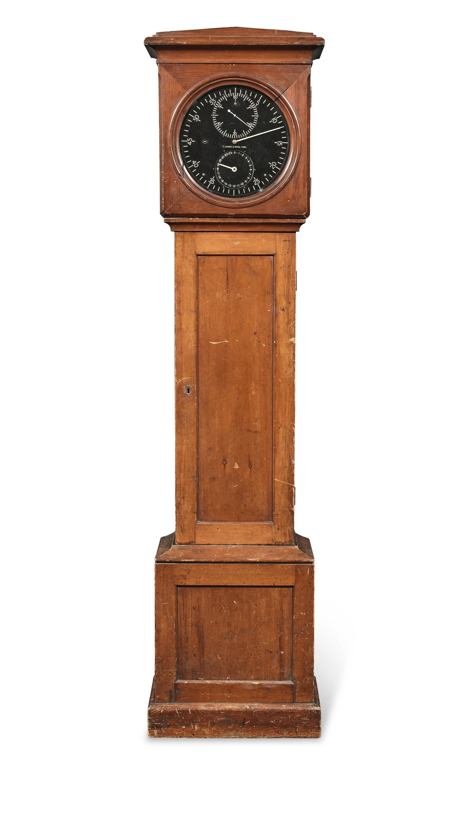 A small and rare Observatory regulator with 24-hour dial T. Cooke & Sons, York: A small and rare Observatory regulator with 24-hour dial T. Cooke & Sons, York The pine case with shallow pointed top over a concave cornice and full width panelled trunk door on a matching base. The