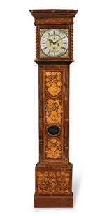 A late 17th century walnut marquetry inlaid longcase clock William Clarke, London: A late 17th century walnut marquetry inlaid longcase clock William Clarke, London The overhanging cornice on an inlaid entablature raised on (later) spiral columns, shallow convex throat moulding over