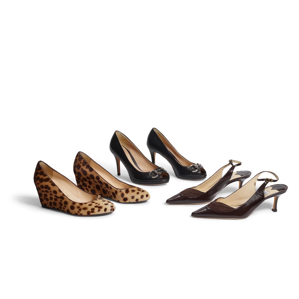 CHRISTIAN LOUBOUTIN, GUCCI, & JIMMY CHOO: A GROUP OF THREE HEELS: CHRISTIAN LOUBOUTIN, GUCCI, & JIMMY CHOO: A GROUP OF THREE HEELS • Size 37 and 37 1/2 Footnotes: OVERALL CONDITION: Very Good | Gentle signs of wear to insole. A small scuff to front of left Lou