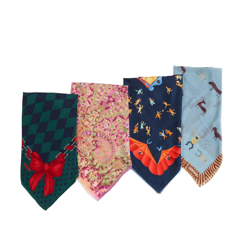 VALENTINO, BOTTEGA VENETA, BVLGARI, ETRO & HENRI BENDEL: A GROUP OF EIGHT SCARVES: VALENTINO, BOTTEGA VENETA, BVLGARI, ETRO & HENRI BENDEL: A GROUP OF EIGHT SCARVES • Silk, Silk Chiffon, and Velvet • Original Etro Box and Bvlgari Packaging (2) Included Footnotes: OVERALL