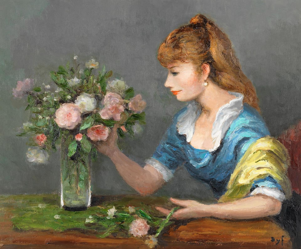 Marcel Dyf (French, 1899-1985) Claudine arrangeant un bouquet: Marcel Dyf (French, 1899-1985) Claudine arrangeant un bouquet signed 'Dyf' (lower right) oil on canvas 60 x 73.3cm (23 5/8 x 28 7/8in). Footnotes: Provenance With Frost & Reed, London, no. 57052.