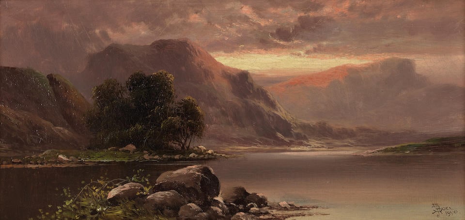 John Henry Boel (British, 19th/20th Century), (pseudonym of Francis E. Jamieson) A pair of loch ...: John Henry Boel (British, 19th/20th Century), (pseudonym of Francis E. Jamieson) A pair of loch landscapes both signed and dated 'JHBOEL 1900' (lower left) oil on canvas each 21 x 41cm (8 1/4 x 16 1/8
