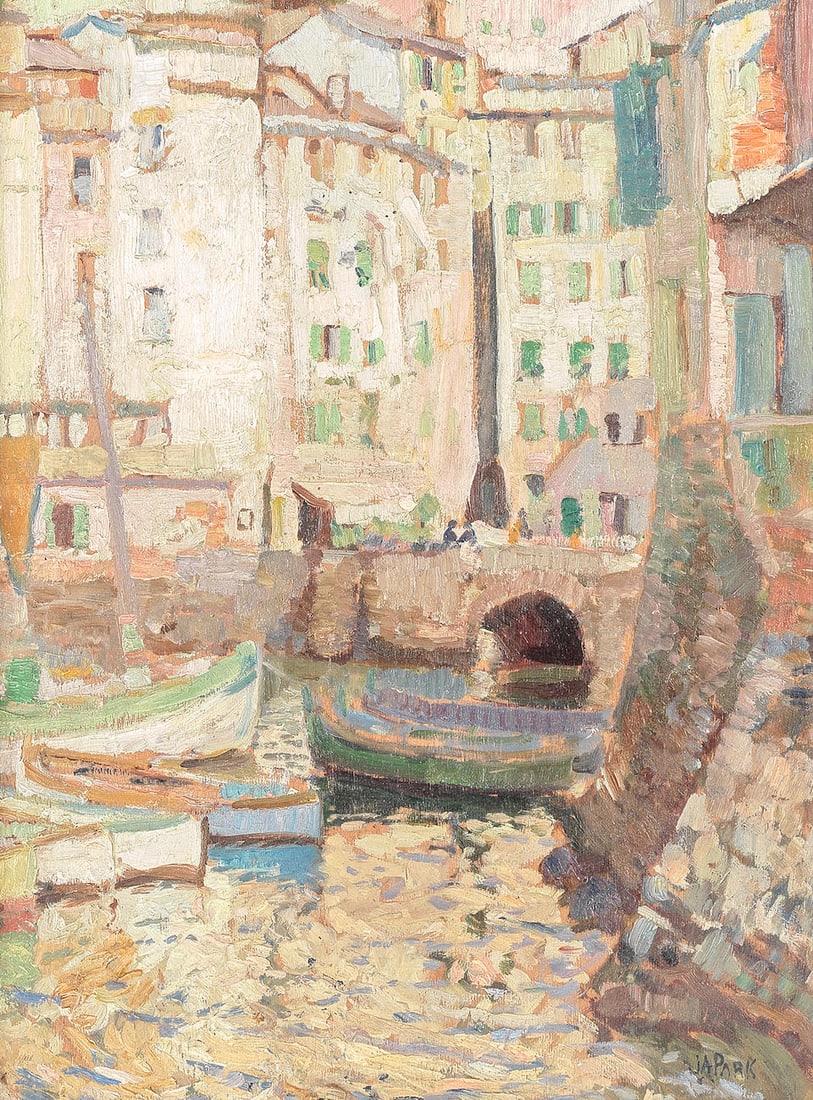 John Anthony Park (British, 1880-1962) Moored boats: John Anthony Park (British, 1880-1962) Moored boats signed 'J.A Park' (lower right) oil on board 39 x 29cm (15 3/8 x 11 7/16in). This lot is subject to the following lot symbols: AR AR Goods subject t