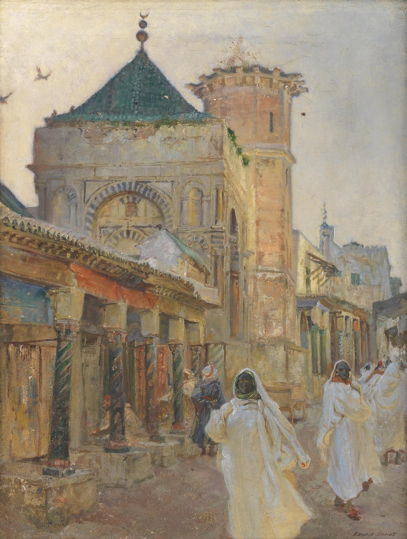 Edgar Bundy (British, 1862-1922) Street scene with the Sidi Youssef Dey Mosque, Tunis: Edgar Bundy (British, 1862-1922) Street scene with the Sidi Youssef Dey Mosque, Tunis signed 'EDGAR BUNDY' (lower right) oil on canvas 67.3 x 50.5cm (26 1/2 x 19 7/8in). Footnotes: Provenance The fami