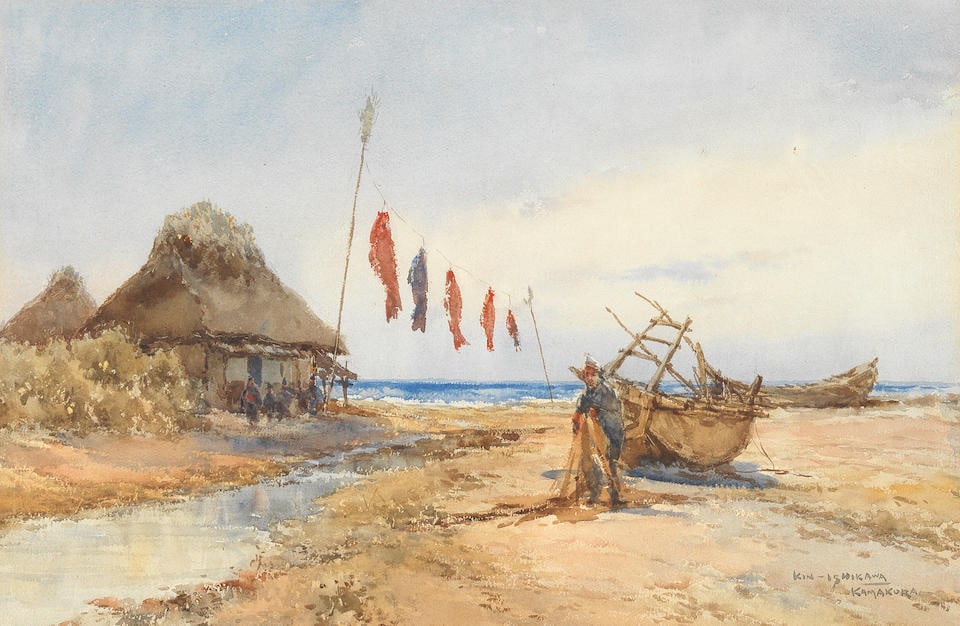 Kinichiro Ishikawa (Japanese, 1871-1945) Beached boats and a fisherman tending his net, Kamakura (1 of 3)