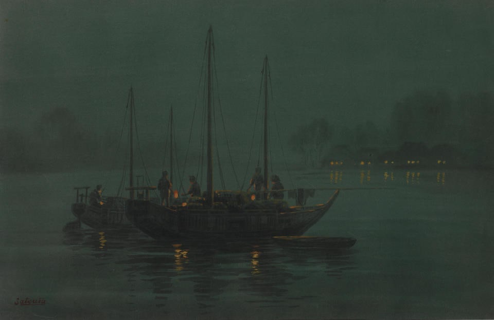 Emiko Satsuta (Japanese, 20th Century) A set of seven Japanese moonlit river and sunset scenes (7) (1 of 17)