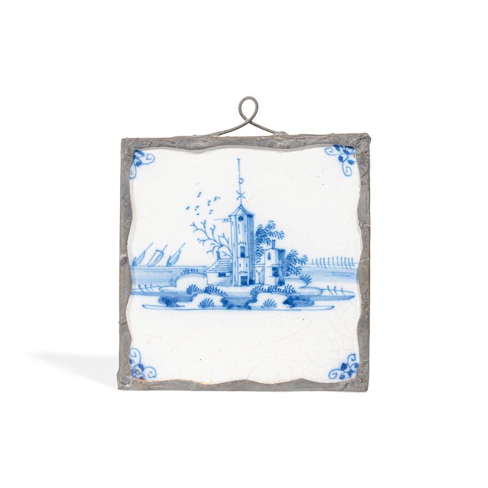 EIGHT DUTCH METAL MOUNTED GLAZED CERAMIC BLUE AND WHITE TILES18th/19th century (1 of 1)