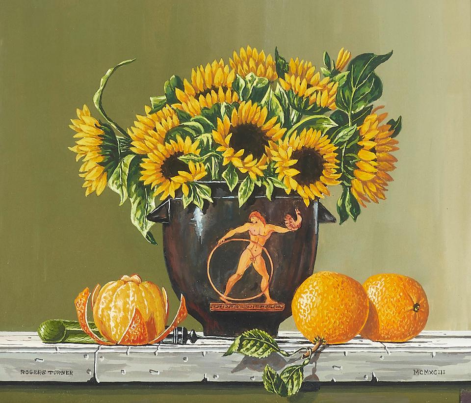 Rogers Turner (20th Century American) Greek vase with sunflowers and clementines; A cantaloupe a... (1 of 4)
