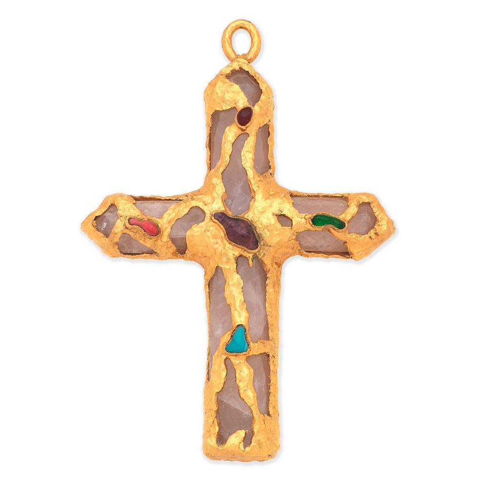Robert Goossens for Chanel: a Large Rose Quartz and Gripoix Crucifix Pendant Autumn 1993 (includ...: Robert Goossens for Chanel: a Large Rose Quartz and Gripoix Crucifix Pendant Autumn 1993 Oversized natural quartz cross with molten gold plated mounts with multicolour gripoix details Condition Grade