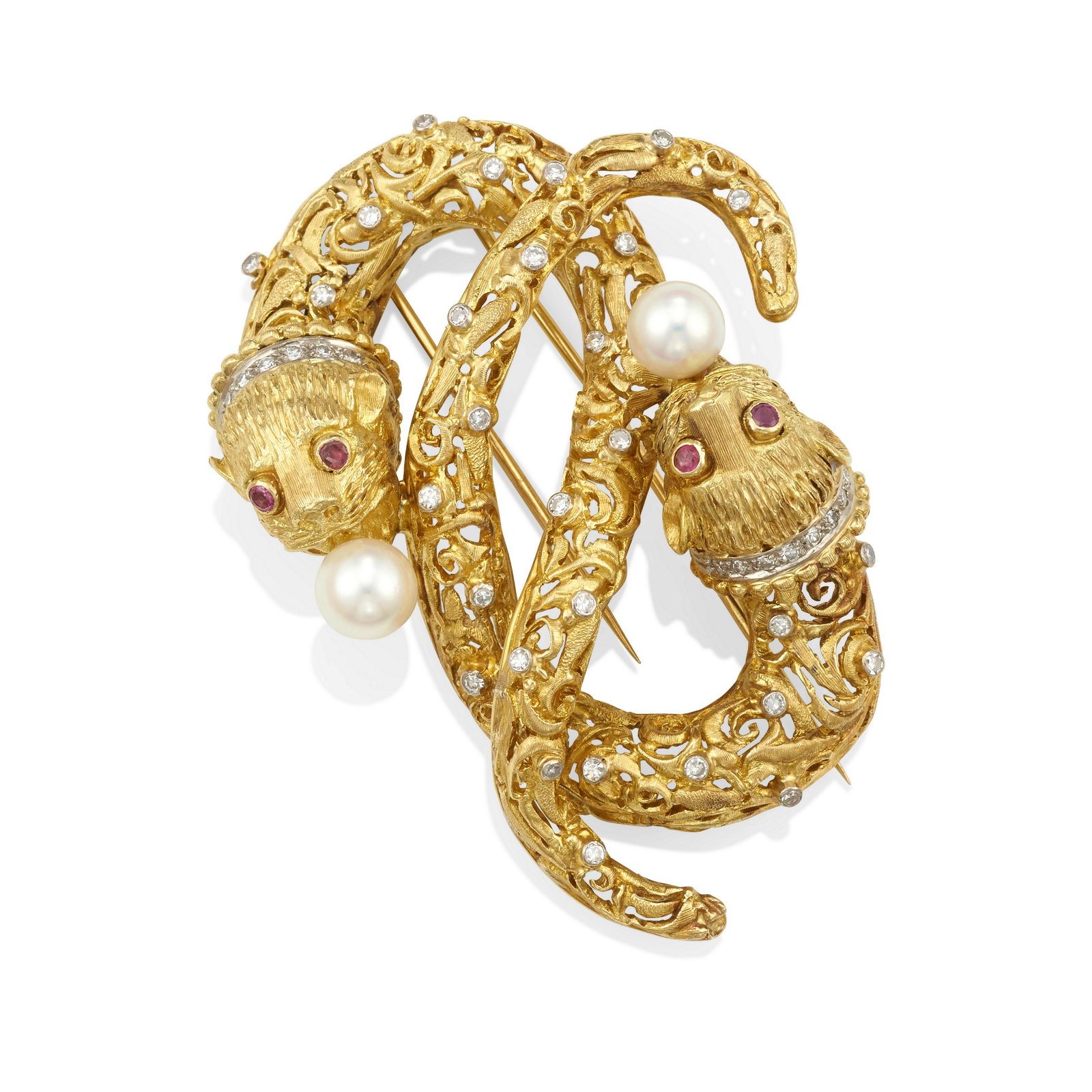 ILIAS LALAOUNIS: AN 18K BI-COLOR GOLD, RUBY, CULTURED PEARL AND DIAMOND BROOCH (1 of 2)