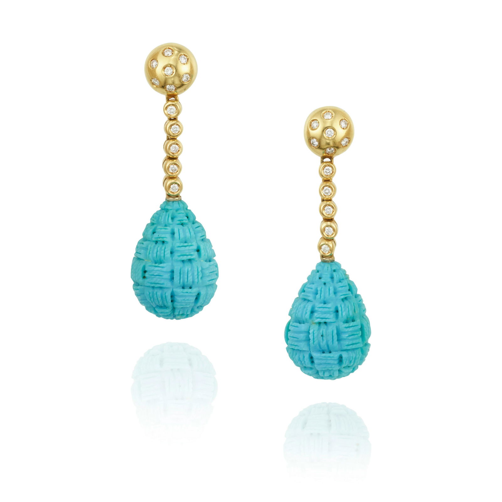 A PAIR OF 18K GOLD, TURQUOISE AND DIAMOND EARRINGS (1 of 2)