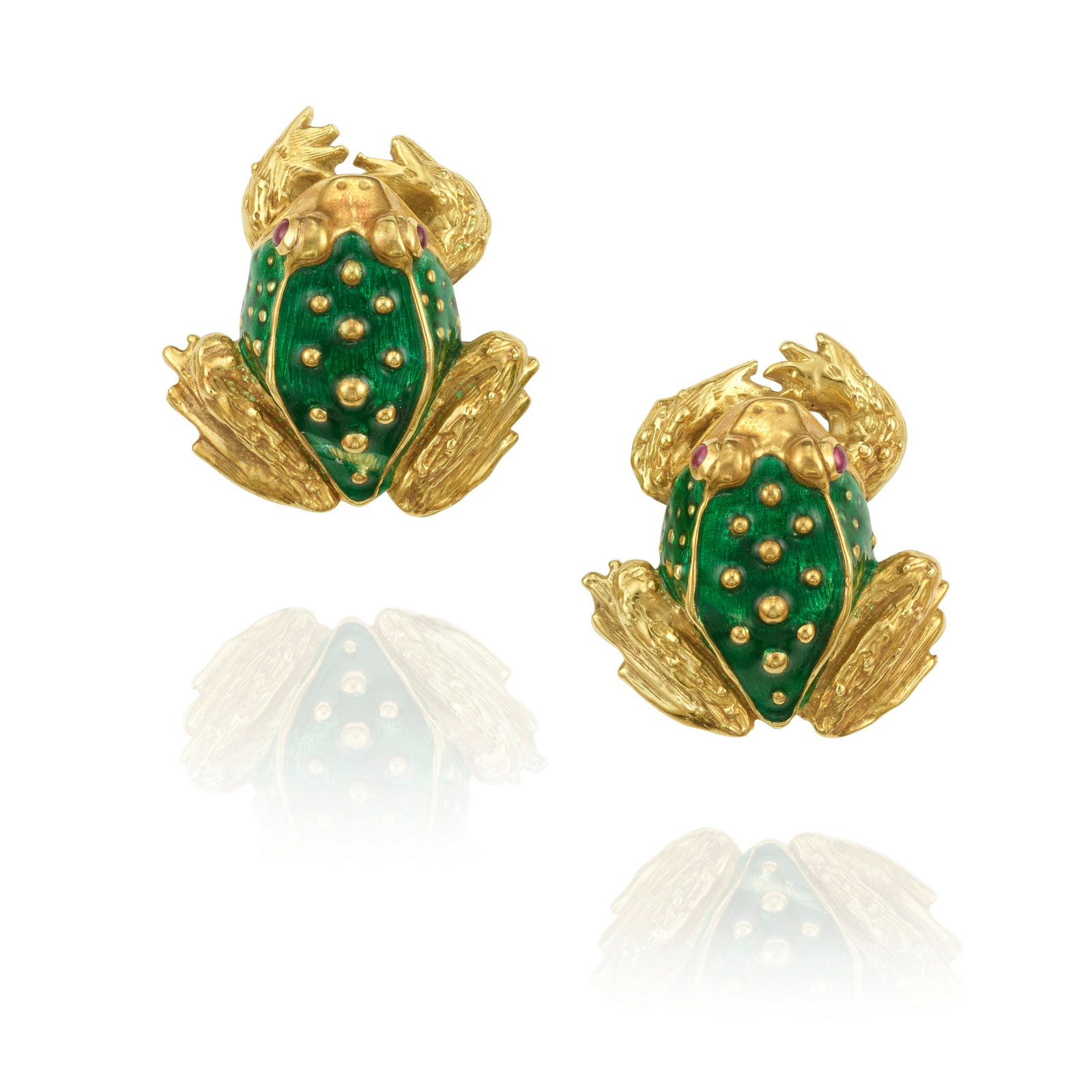 BORIS LEBEAU: A PAIR OF 18K GOLD, ENAMEL AND RUBY FROG EARCLIPS (1 of 2)
