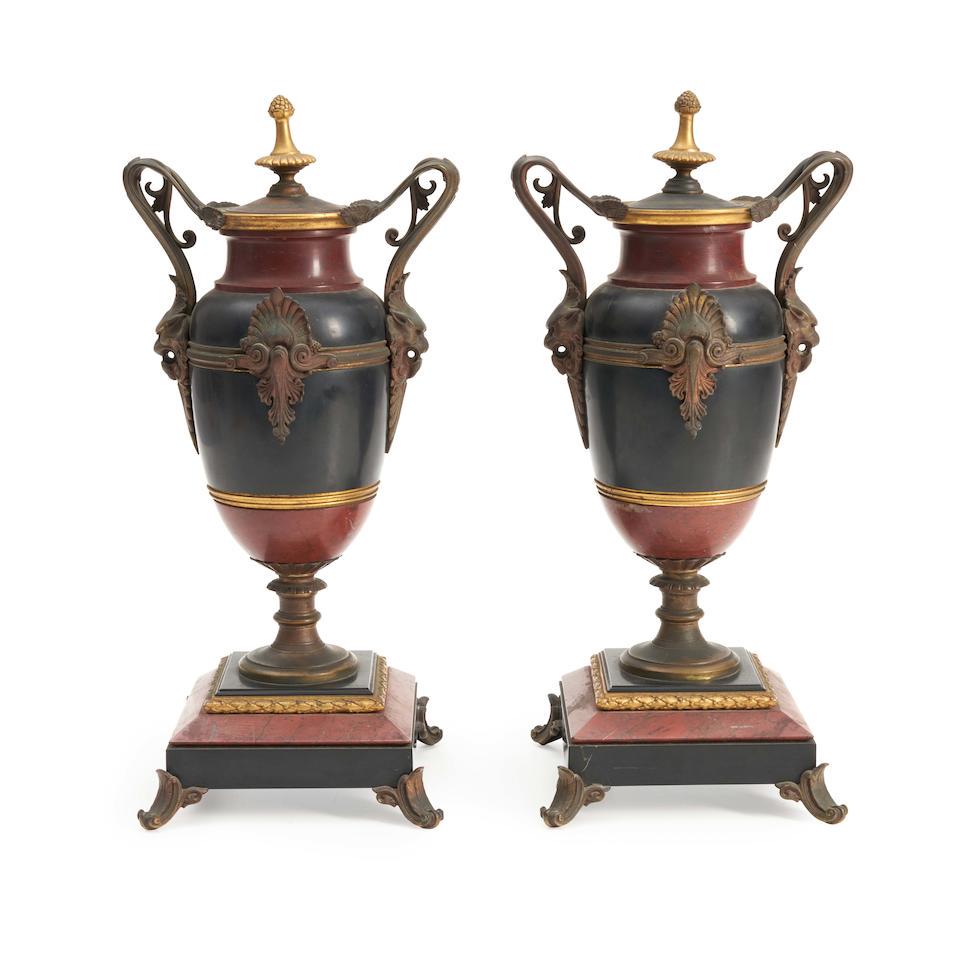 Pair of Empire-style Gilt and Patinated Bronze Mounted Marble Urns, 19th century, (1 of 1)