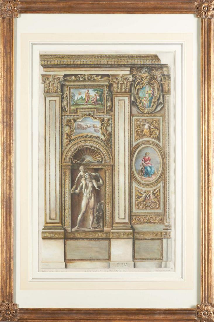 Petrus Aquila (Italian, 1650-1692) Architectural engraving after Annibale Carracci hand-colored ...: Petrus Aquila (Italian, 1650-1692) Architectural engraving after Annibale Carracci hand-colored engraving Framed dimensions: 35 1/4 x 24 1/4 x 1/4 in. Unframed dimensions: 25 x 15 2/3 in. For further