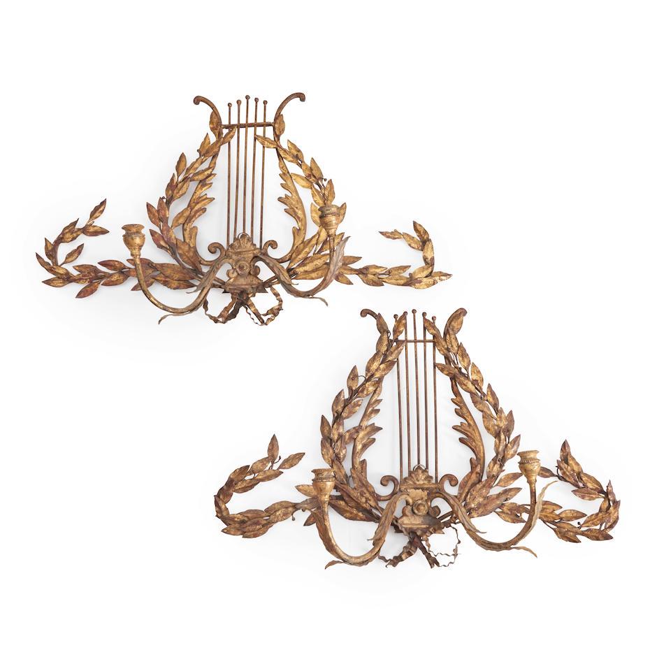 Pair of Lyre-form Gilt Tole Wall Sconces, England, 19th century, (1 of 1)