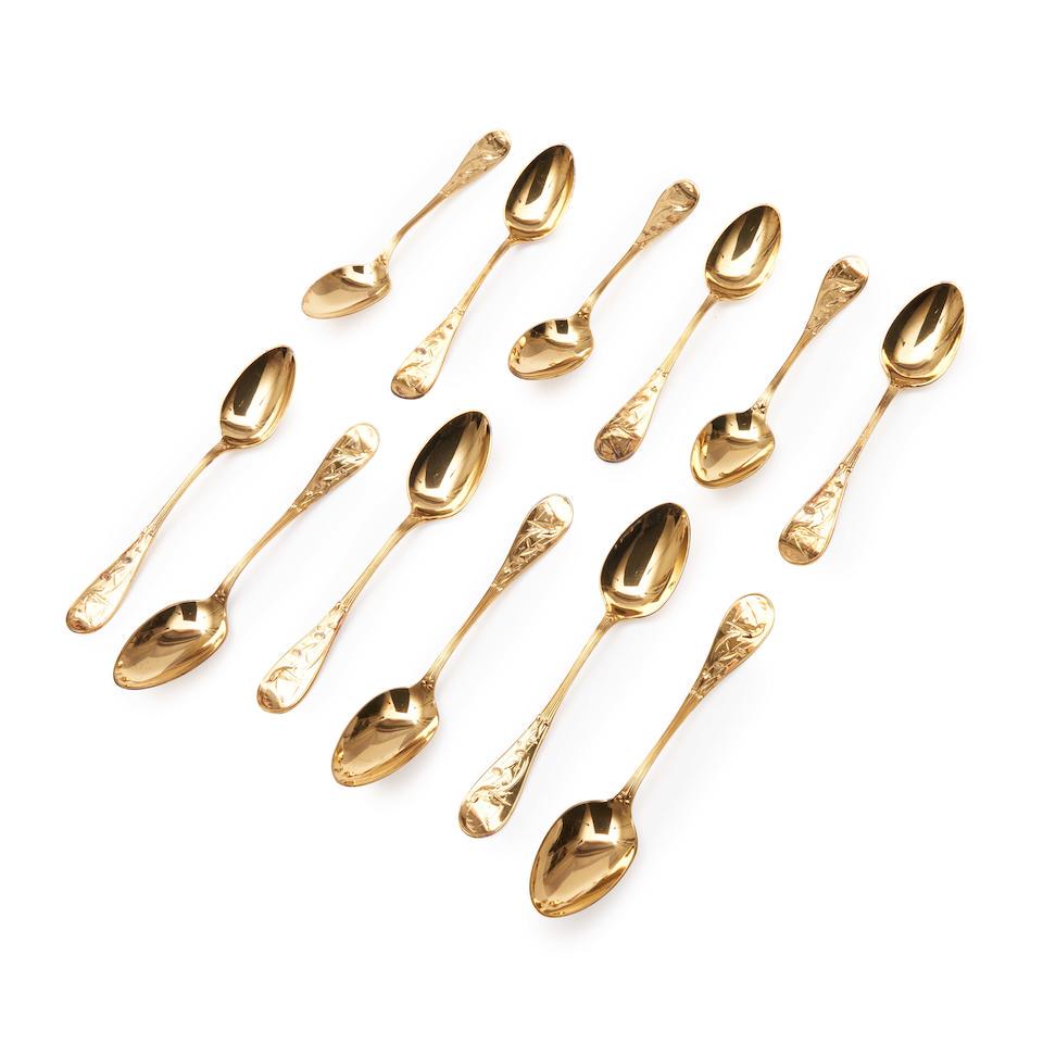 Twelve Tiffany & Co. 'Audubon' Gold Washed Sterling Spoons, (1 of 1)
