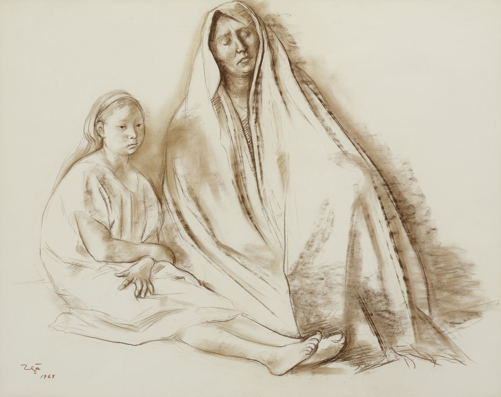 FRANCISCO ZUNIGA (1912-1998) Madre e Hija1969conté crayon on paper, signed and dated 'Zunig... (1 of 1)