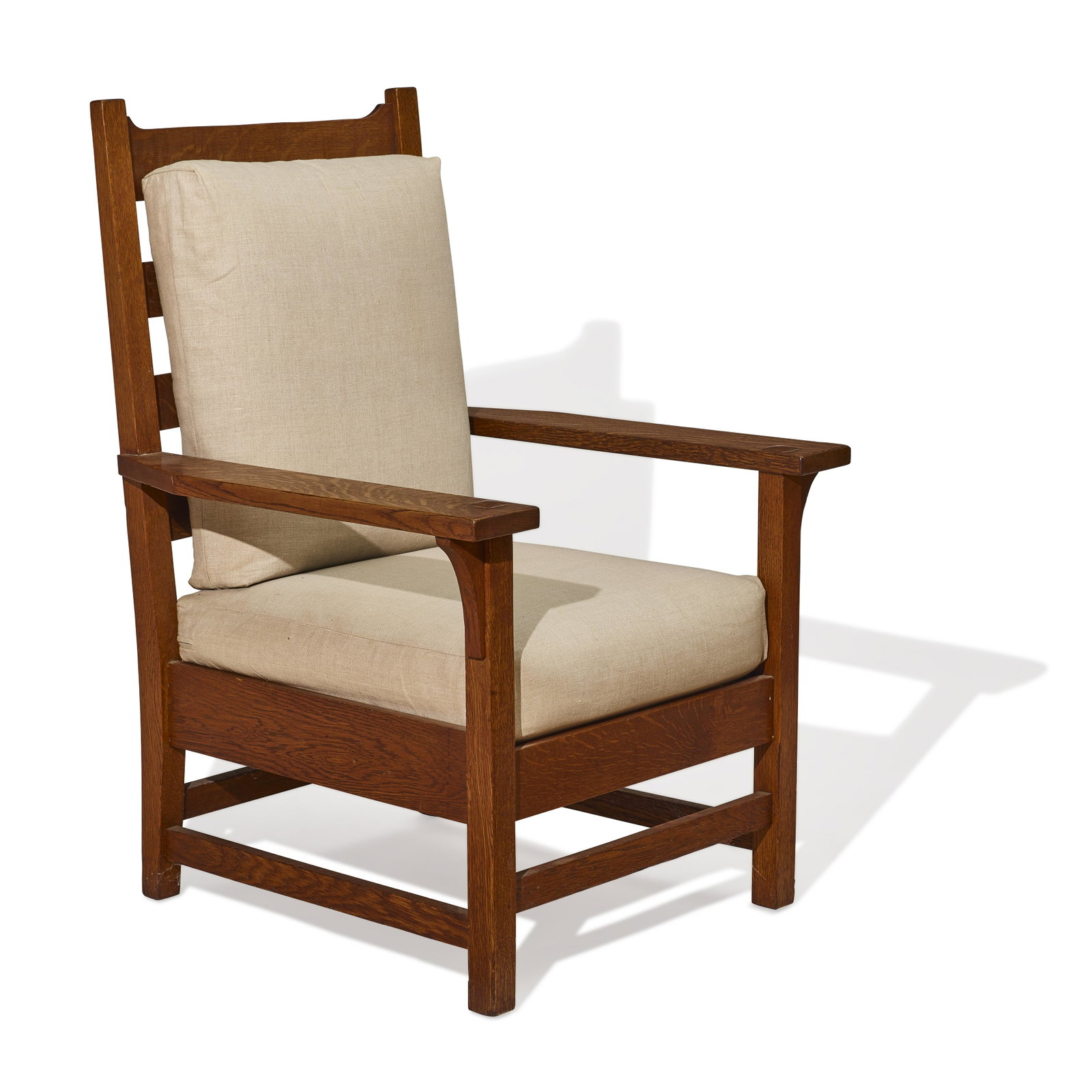 GUSTAV STICKLEY (1858-1942) Armchaircirca 1907model 320, oak, canvas upholsteryheight 42 1/2in (...: GUSTAV STICKLEY (1858-1942) Armchair circa 1907 model 320, oak, canvas upholstery height 42 1/2in (107.9cm); width 29 1/4in (74.5cm); depth 28 1/2in (72.5cm) Footnotes: Provenance Private Collection, 