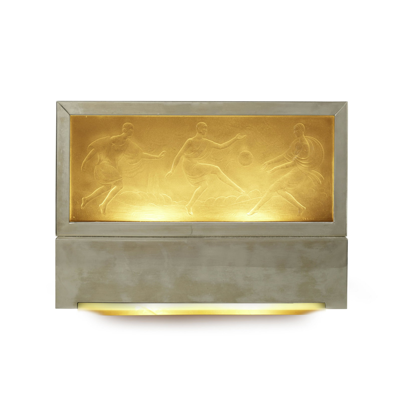 SABINO (ESTABLISHED 1925) Three Graces Lampcirca 1925frosted and clear glass, chromed metal, sig...: SABINO (ESTABLISHED 1925) Three Graces Lamp circa 1925 frosted and clear glass, chromed metal, signed 'SABINO FRANCE' height 8 1/2in (21.5cm); width 13in (33cm); depth 3 1/4in (8.5cm) Footnotes: Prove