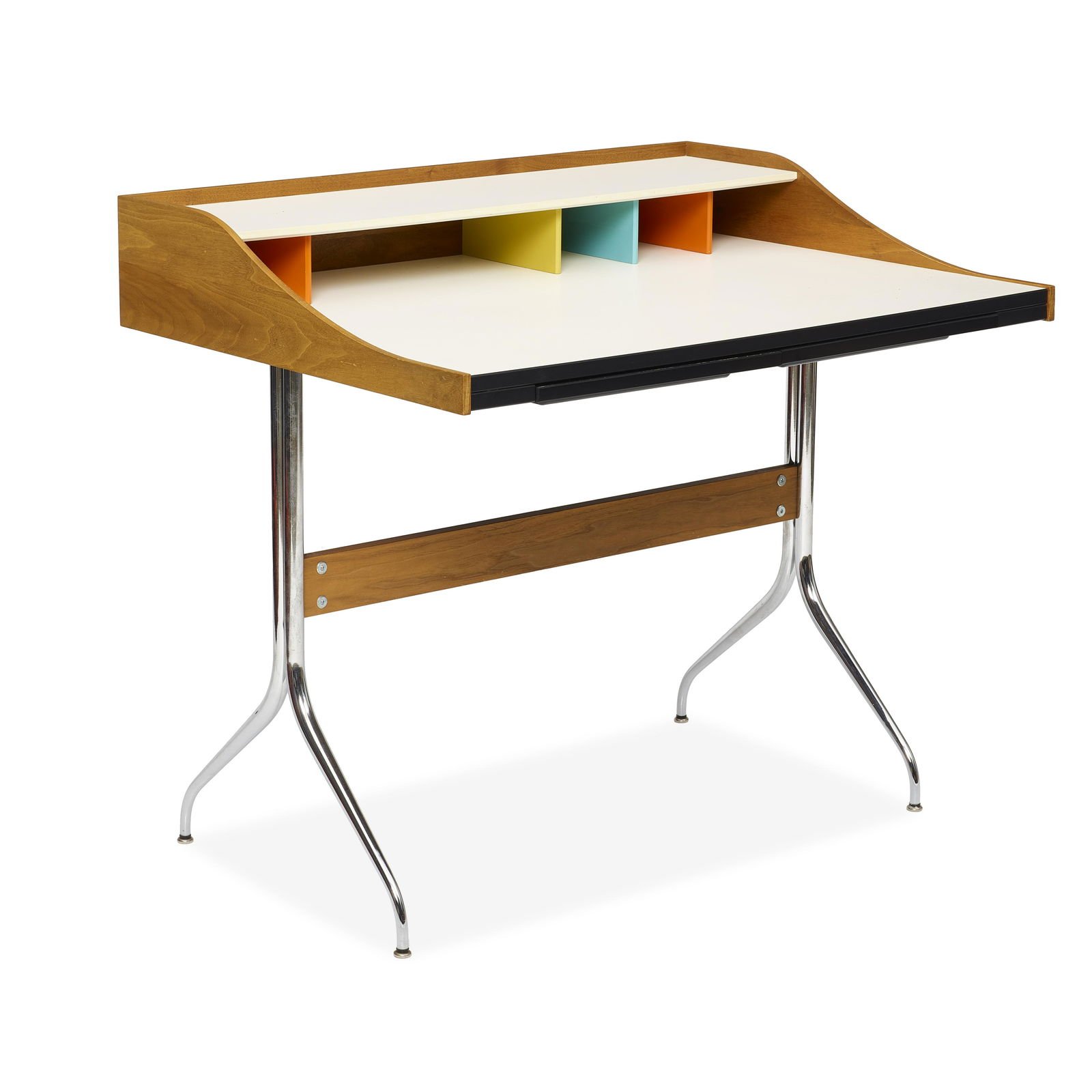 GEORGE NELSON & ASSOCIATES (1908-1986) Swag Leg Deskdesigned 1958for Herman Miller, chromed meta...: GEORGE NELSON & ASSOCIATES (1908-1986) Swag Leg Desk designed 1958 for Herman Miller, chromed metal, walnut, Masonite, laminate height 34 1/2in (88cm); width 38 1/2in (98cm); depth 28 1/2in (72.25cm)