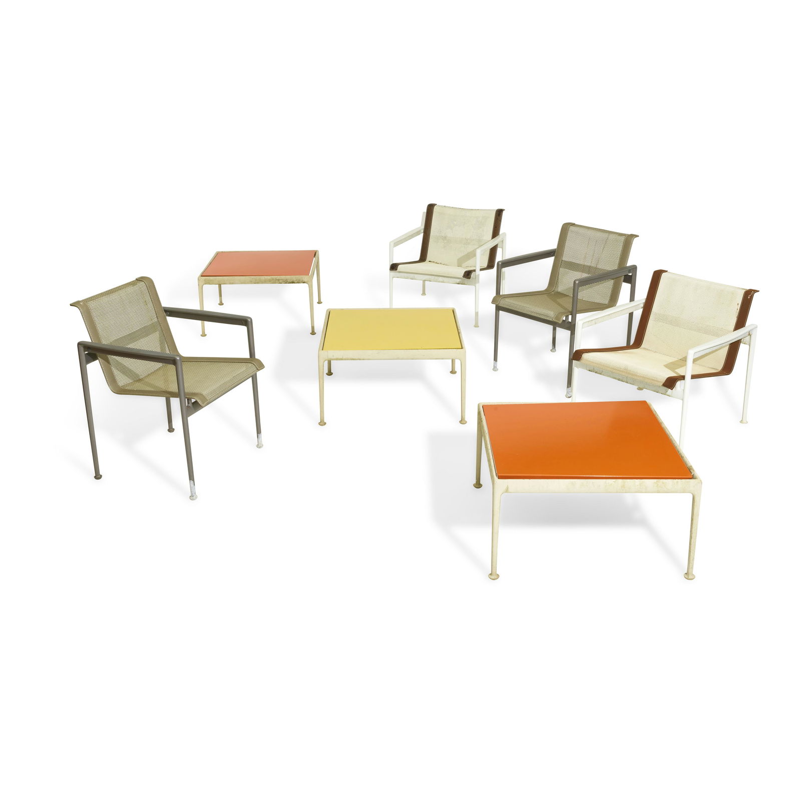 RICHARD SCHULTZ (1926-2021) Four Armchairs and Three Side Tablesdesigned 1966for Knoll Internati...: RICHARD SCHULTZ (1926-2021) Four Armchairs and Three Side Tables designed 1966 for Knoll International, enameled metal, mesh height of taller chairs 31in (79cm); width 23in (59cm); depth 23in (59cm);