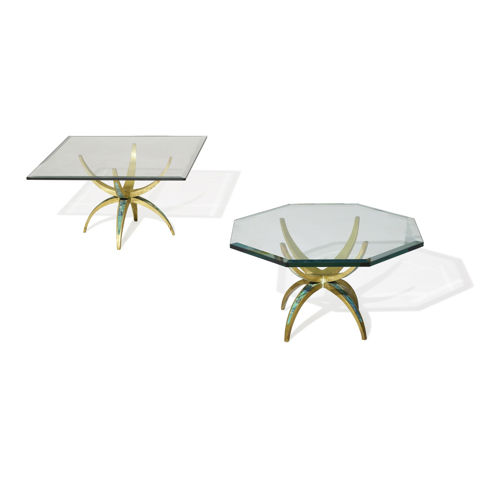 PEPE MENDOZA (ACTIVE MID 20TH CENTURY) Two Low Tablescirca 1960brass, ceramic inlay, glass, unde... (1 of 2)