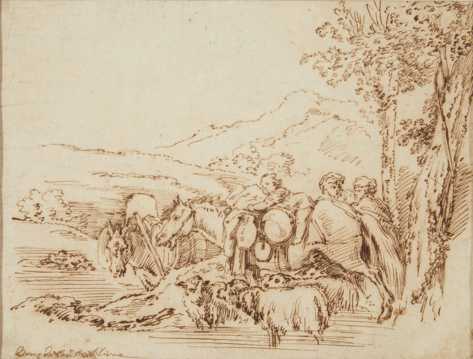 School of Giovanni Benedetto Castiglione (Italian, 1609-1664) Landscape with Figures and Livesto...: School of Giovanni Benedetto Castiglione (Italian, 1609-1664) Landscape with Figures and Livestock inscribed 'Benedetto Castilione' (lower left); inscribed 'Benedetto' (on the reverse); illegible insc