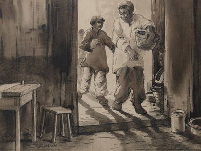 Paresh Maity (Indian, B. 1965) Untitled (Figures in a doorway): Paresh Maity (Indian, B. 1965) Untitled (Figures in a doorway) signed and dated 'Paresh '86 lower left watercolour and pencil on paper, framed 48.5 x 63.5cm (19 1/8 x 25in). Footnotes: AN IMPORTANT EA