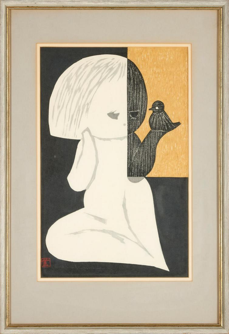 Kaoru Kawano, Japanese (1916-1965) Girl with Bird (1 of 4)