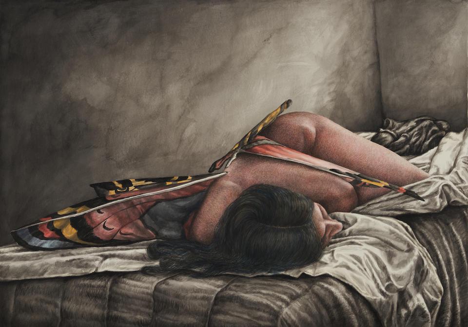 Jorge Alvaro (Argentinian, born 1949) Reposo 28 1/2 x 40 in.: Jorge Alvaro (Argentinian, born 1949) Reposo signed and dated 'J Alvaro/82' (lower right), signed, dated, and titled 'J. Alvaro/83/...' (on the reverse); mixed media including watercolor and pencil on
