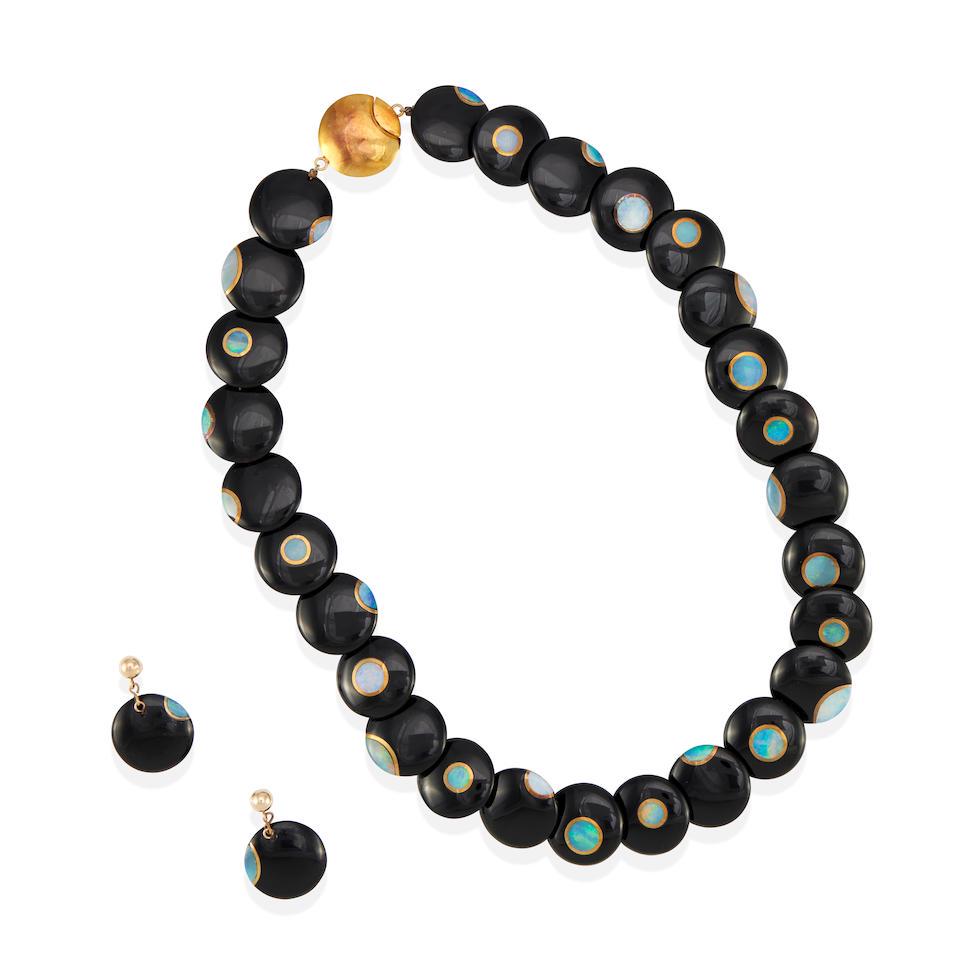 A PAIR 14K GOLD, ONYX AND OPAL EARRINGS AND NECKLACE SET (1 of 3)