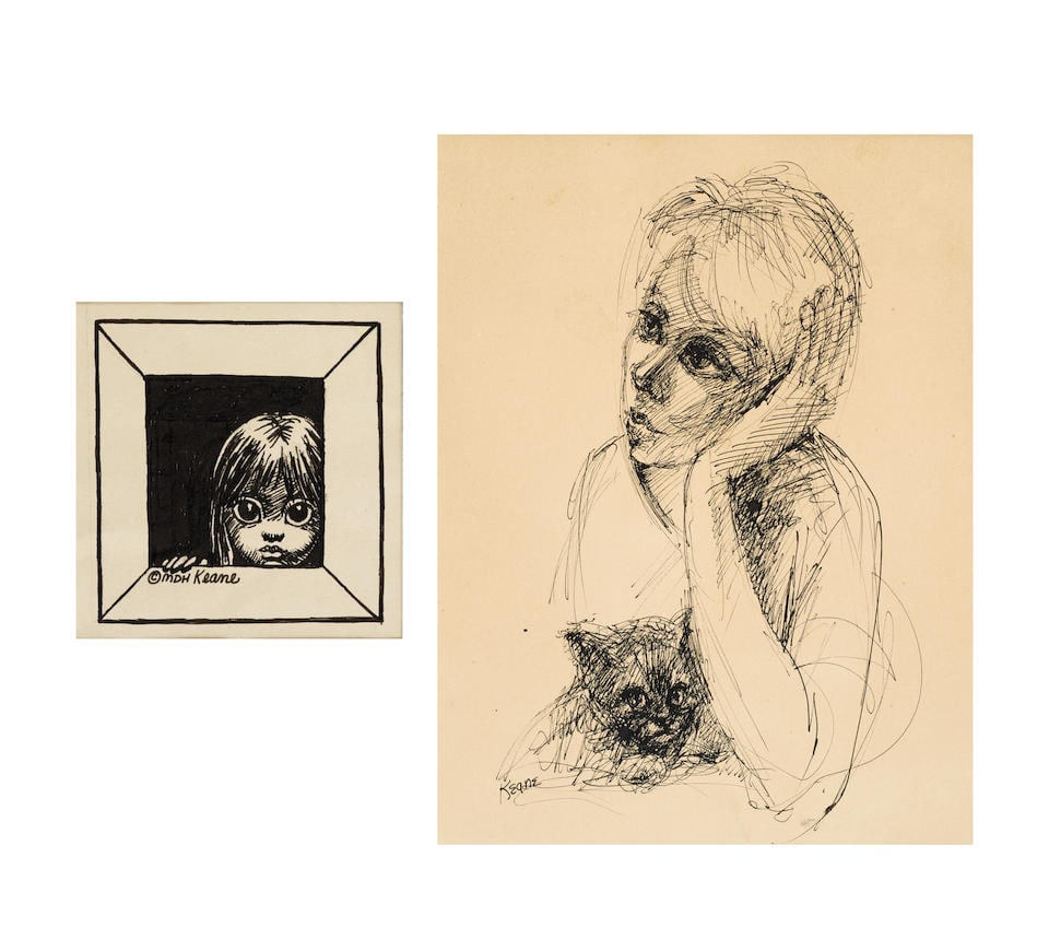 Margaret Keane (1927-2022) Girl in a Frame and Girl with a Cat: Two Works 4 1/8 x 4 in. (10.5 x ... (1 of 3)