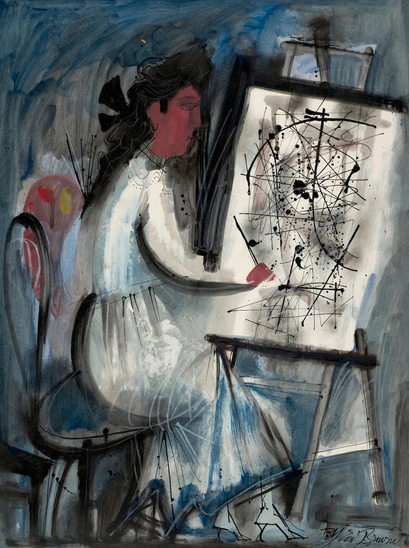 Byron Browne (1907-1961) An Artist Painting at Her Easel 26 x 20 1/8 in. (66 x 51.1 cm.): Byron Browne (1907-1961) An Artist Painting at Her Easel signed 'Byron Browne' (lower right) watercolor, gouache, conté crayon, charcoal and ink on paper 26 x 20 1/8 in. (66 x 51.1 cm.) For furth