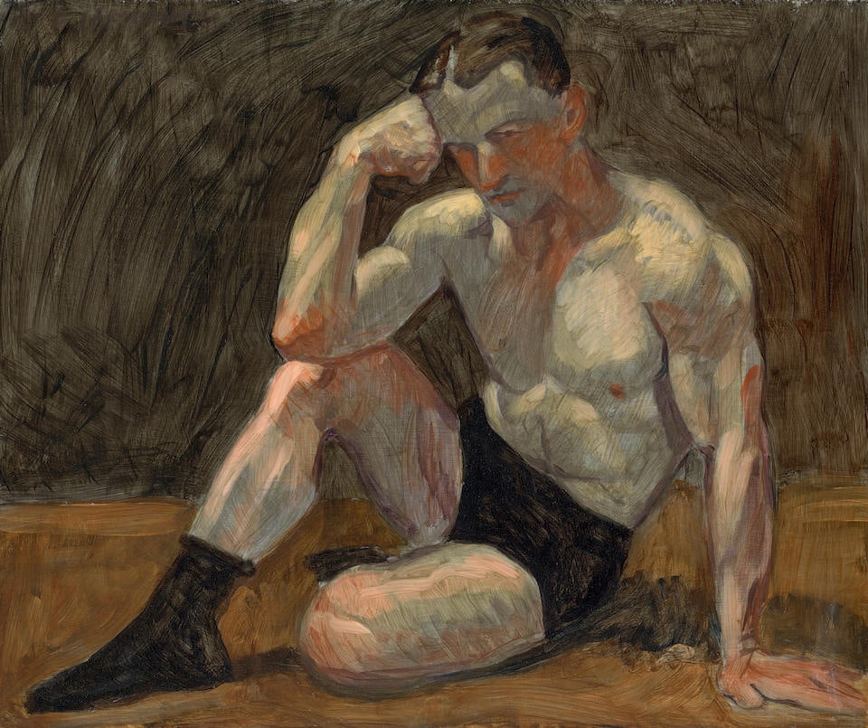 Mark Beard (born 1956) Untitled (Seated Male Figure, One Arm Up) 20 x 24 in. (50.8 x 61 cm.) (Pa...: Mark Beard (born 1956) Untitled (Seated Male Figure, One Arm Up) signed with pseudonym 'B SARGEANT' (upper left) oil on board 20 x 24 in. (50.8 x 61 cm.) Painted in 1997. Footnotes: Provenance [With]