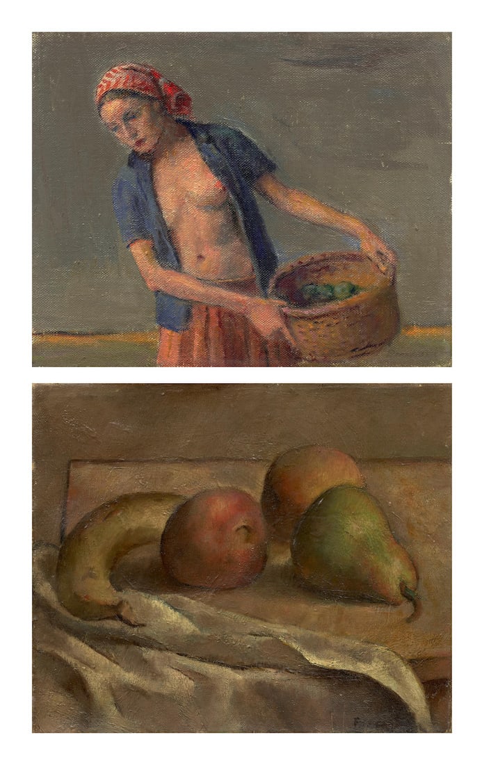 Robert Brackman (1898-1980) Study for Autumn #2 and Fruit: Two Works 8 1/8 x 10 in. (20.6 x 25.4...: Robert Brackman (1898-1980) Study for Autumn #2 and Fruit: Two Works signed 'Brackman' (lower right) and inscribed with title, signed again and inscribed 'Noank Conn.' (on the reverse); signed 'Brackm