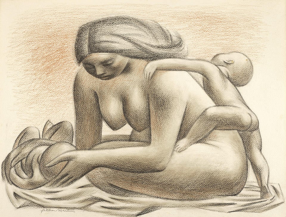 Fletcher Martin (1904-1979) The Mother 22 5/8 x 29 5/8 in. (57.5 x 72.2 cm.): Fletcher Martin (1904-1979) The Mother signed 'Fletcher Martin' (lower left) pastel, graphite and charcoal on paper 22 5/8 x 29 5/8 in. (57.5 x 72.2 cm.) Footnotes: Provenance Delmar and Mary Lou Dave