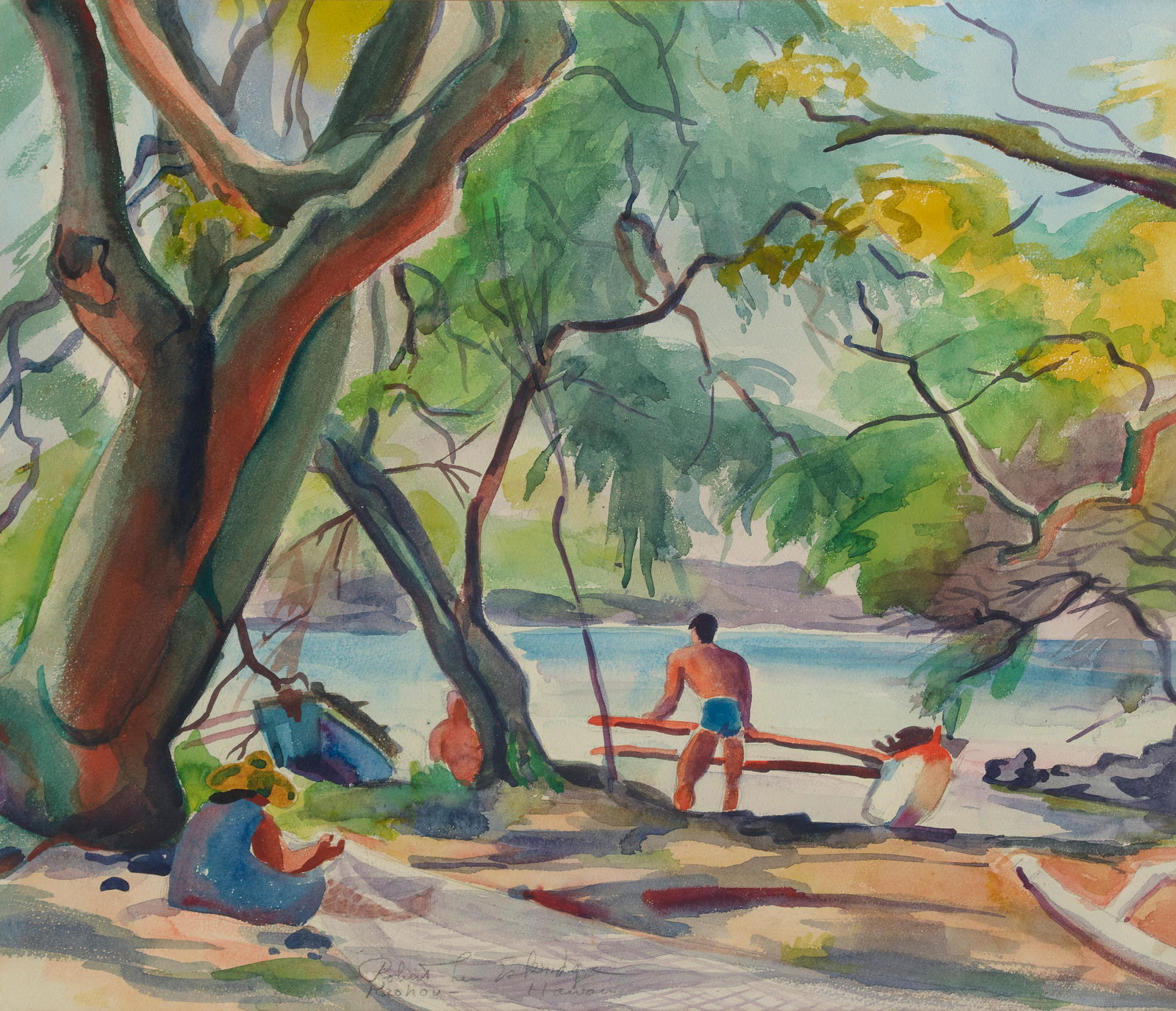 Robert Eskridge (1891-1975) By the Shore, Keauhou, Hawaii sight 18 x 20 3/4 in. (45.7 x 52.7 cm): Robert Eskridge (1891-1975) By the Shore, Keauhou, Hawaii signed and inscribed 'Robert Lee Eskridge / Kaohou [sic], Hawaii' (lower left) watercolor and graphite on paper sight 18 x 20 3/4 in. (45.7 x