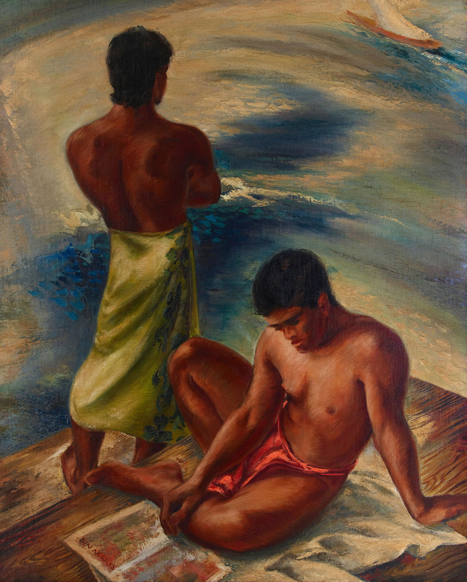Robert Benjamin (Ben) Norris (1910-2006) Two Young Men 42 x 34 in. (106.7 x 86.4 cm) Painted in ...: Robert Benjamin (Ben) Norris (1910-2006) Two Young Men signed and dated 'BEN NORRIS 1940' (lower left) oil on canvas 42 x 34 in. (106.7 x 86.4 cm) Painted in 1940. In a Koa wood frame. Footnotes: Prov