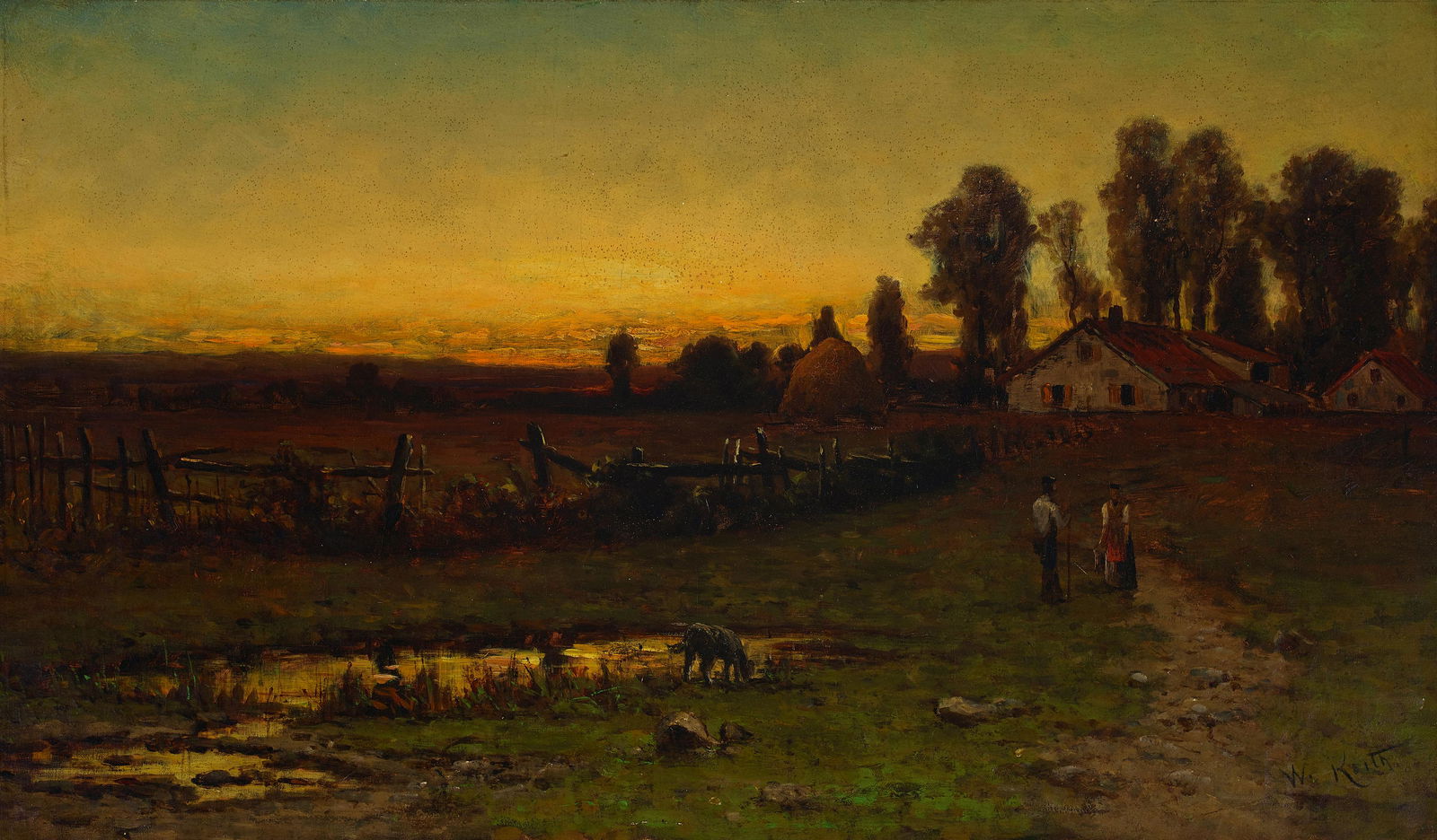 William Keith (1838-1911) Cottage and Hayfield with Farmers at Dawn 18 1/2 x 31 1/2 in. framed 2...: William Keith (1838-1911) Cottage and Hayfield with Farmers at Dawn signed 'W. Keith' (lower right) oil on canvas 18 1/2 x 31 1/2 in. framed 23 1/4 x 35 3/4 in. Footnotes: Provenance Privat