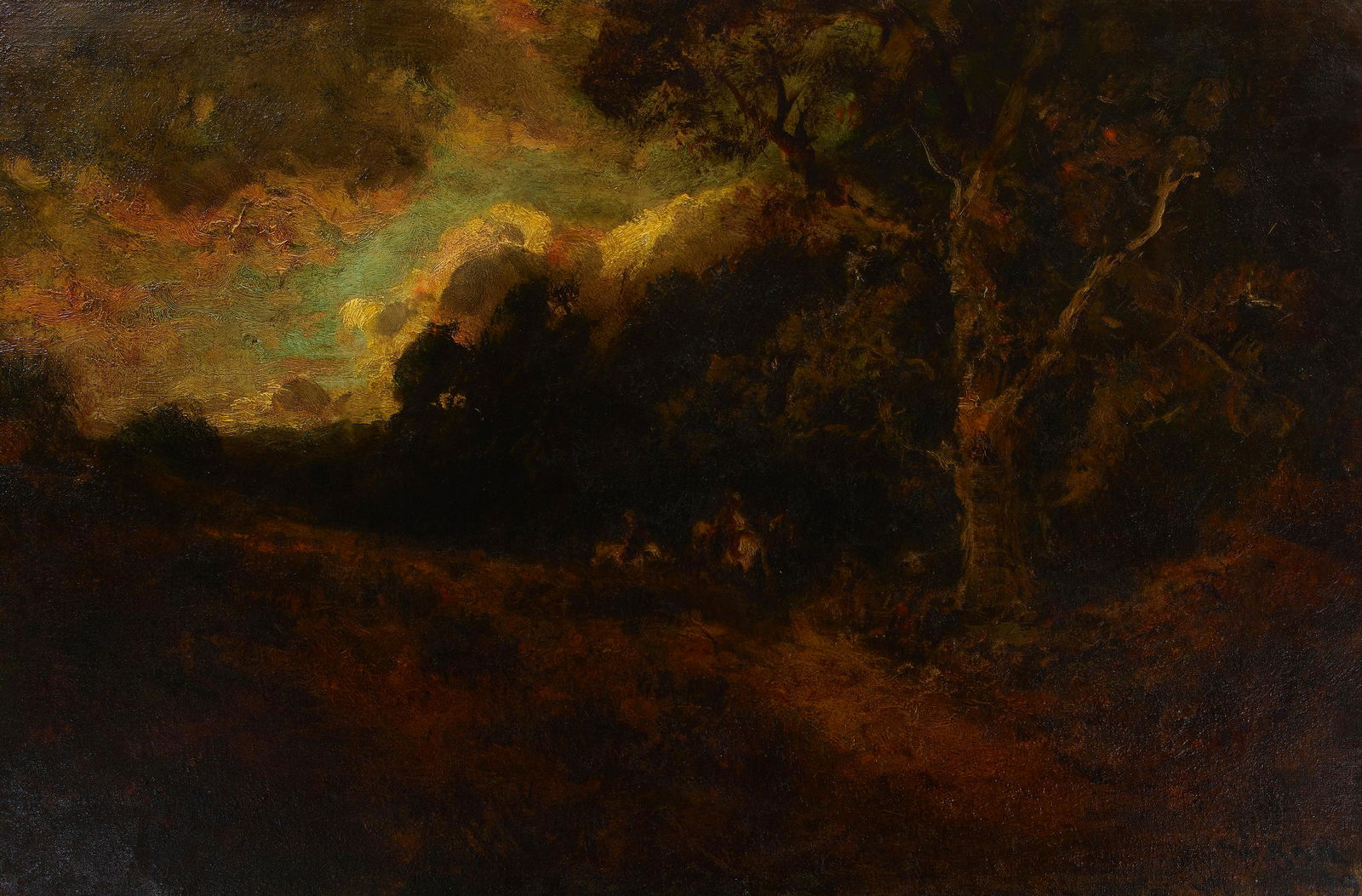 William Keith (1838-1911) Into the Mystery 23 1/2 x 36 in. framed 39 x 50 in.: William Keith (1838-1911) Into the Mystery signed and dated 'W. Keith 99' (lower right) and titled on a label (on the reverse) oil on canvas laid to panel 23 1/2 x 36 in. framed 39 x 50 in. Footnotes