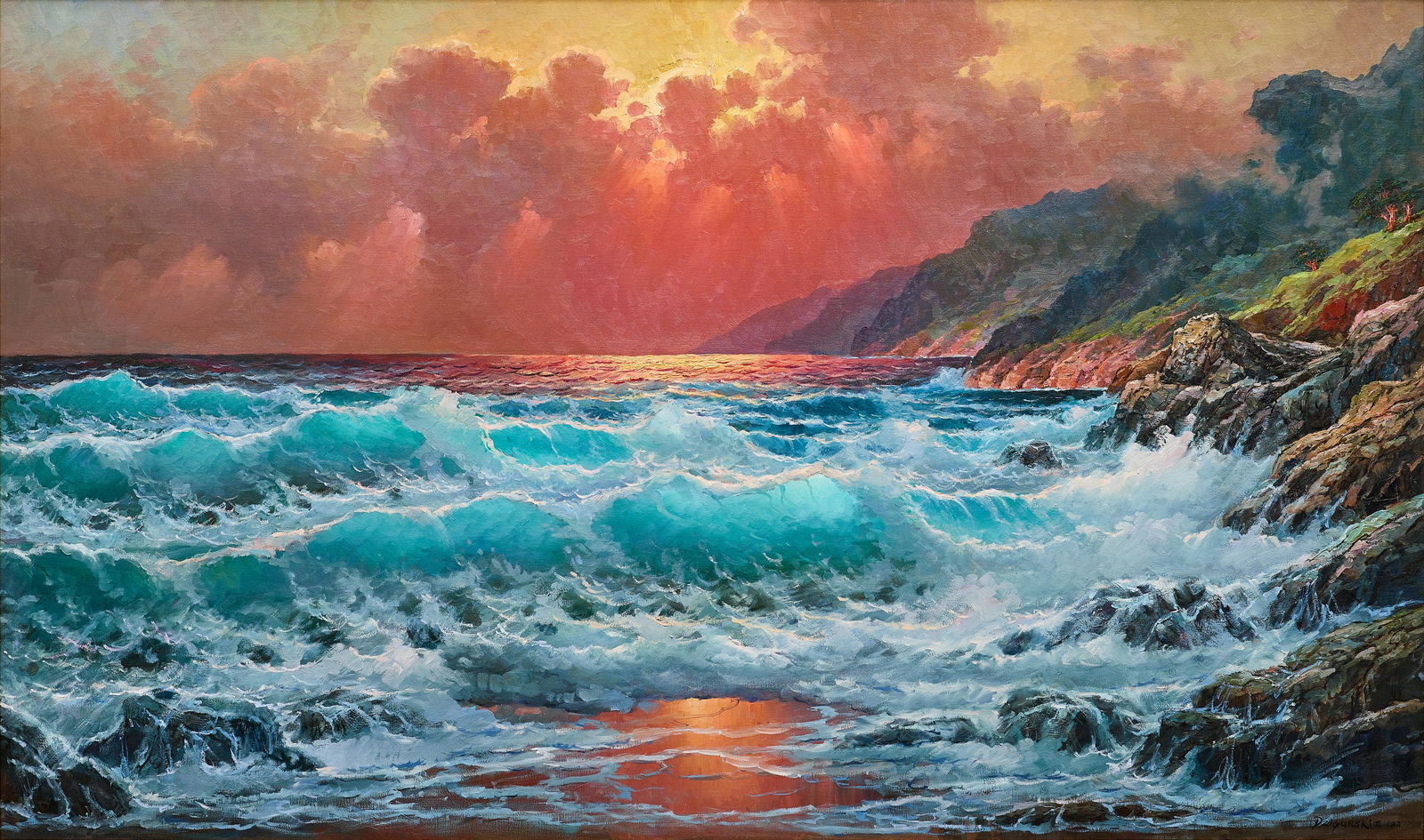 Alexander Dzigurski II (born 1968) Sunset Seascape 50 x 84 in. framed 65 x 99 in.: Alexander Dzigurski II (born 1968) Sunset Seascape signed 'Dzigurski II ORA.' (lower right) oil on canvas 50 x 84 in. framed 65 x 99 in. Footnotes: Provenance Private collection, Sacramento