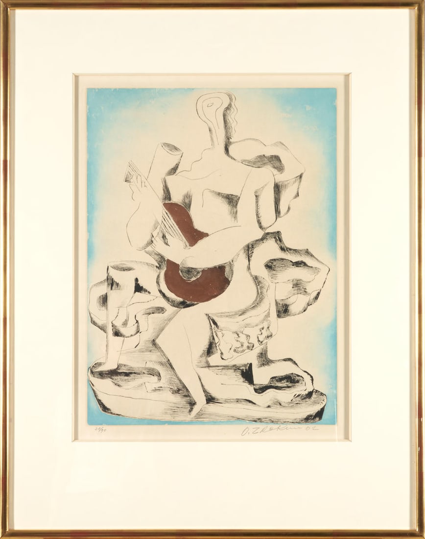 Ossip Zadkine (Russian/French, 1890-1967); Femme á la Guitarre;: Ossip Zadkine (Russian/French, 1890-1967) Femme á la Guitarre, 1962 Etching and aquatint on paper; numbered and signed '28/90...O.Zadkine 62' in pencil along the lower margin; framed. 21 x 15 1/2