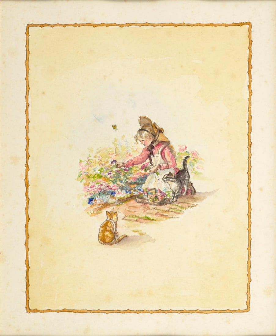 TUDOR, TASHA. 1915-2008. [Girl with Cats in Garden]. Original illustration, watercolor on paper,... (1 of 1)